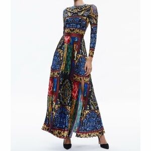 Alice + Olivia Ivey Pleated Maxi Dress After Sunset Floral Paisley Print Blue 0